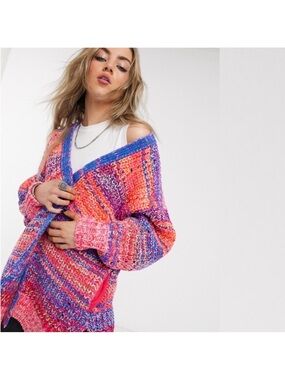 Free People Multicolor Chunky Knit Open-Front Cardigan — Pink Purple Orange